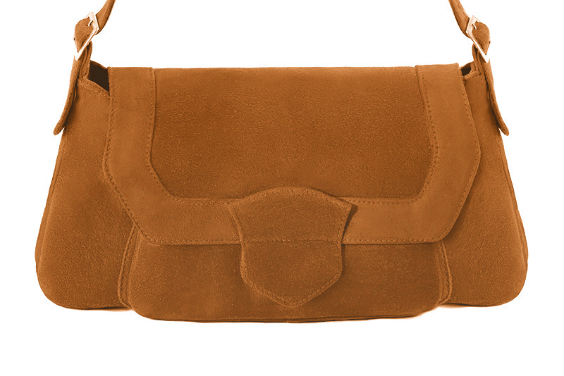 Camel beige women's dress handbag, matching pumps and belts. Profile view - Florence KOOIJMAN